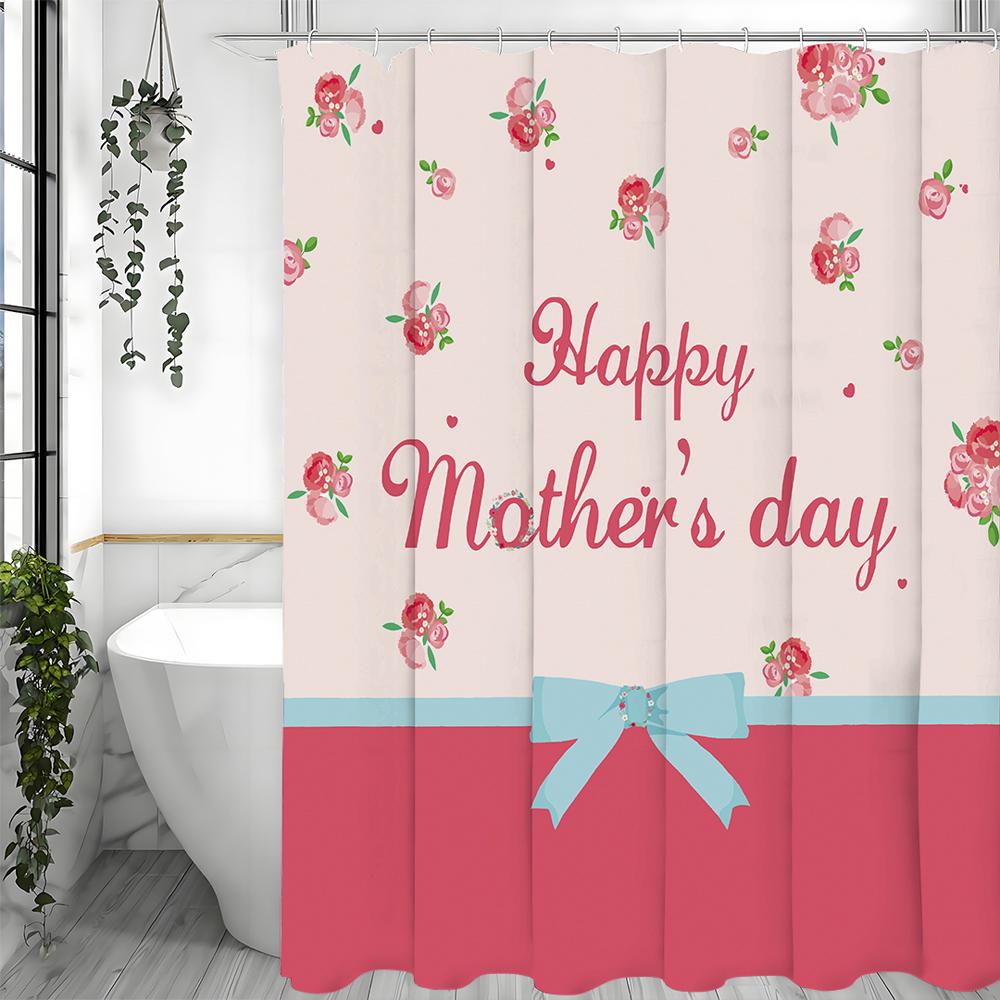Happy Mother's Day Pink Floral Blue Bow Shower Curtain, Bathroom Decorative Shower Curtain, Waterproof Shower Curtain with Hooks