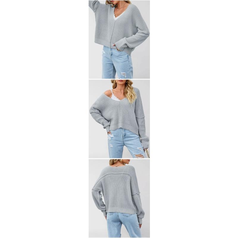 Women S V Neck Off Shoulder Knit Sweater Solid Color Casual