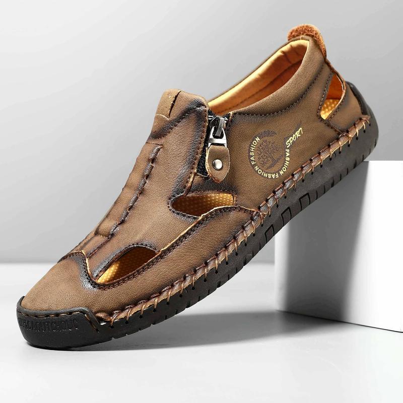 Summer Breathable Men Sandals Fashion Roman Sandals Handmade Leather Men Casual Shoes Platform Outdoor Men s Beach Sandals 39 коричневый