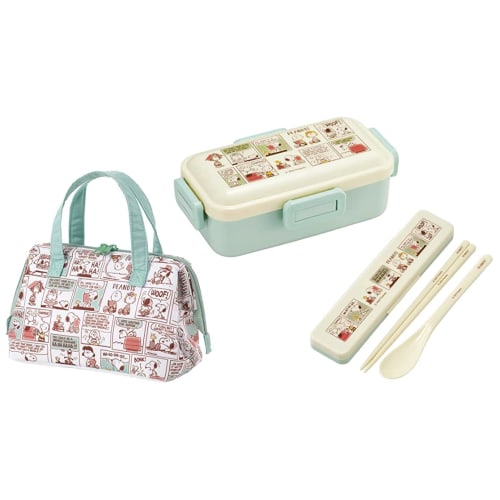 Skater PEANUTS Comic Art 23 Antibacterial Dishwasher Safe Soft Lunch Box with 4-Point Lock, 1-Tier, 530ml, Combo Set (Chopsticks/Spoon), Insulated Lun