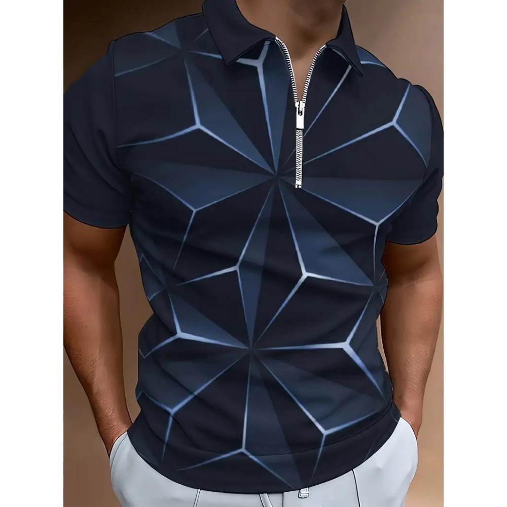 Men's Zipper Polo Shirt, Wave Triangle Shirt, 3D Printed, Retro, Short Sleeve, Loose, Comfortable, Street, Summer, New Style