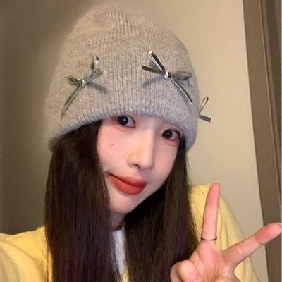 Podzim Zima Králičí Vlasy Stříbrná Etiketa Mašle Pletená Čepice pro Děti Sladká Čepice Baotou Všestranná Pletená Čepice