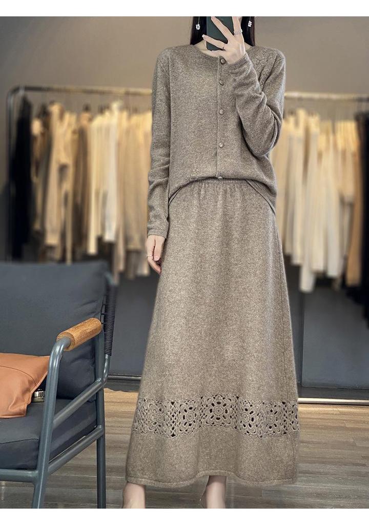 2023 Women's Elegant Australian Wool Crochet Cardigan - Autumn/Winter, Round Neck, Long Sleeve, Plain Color