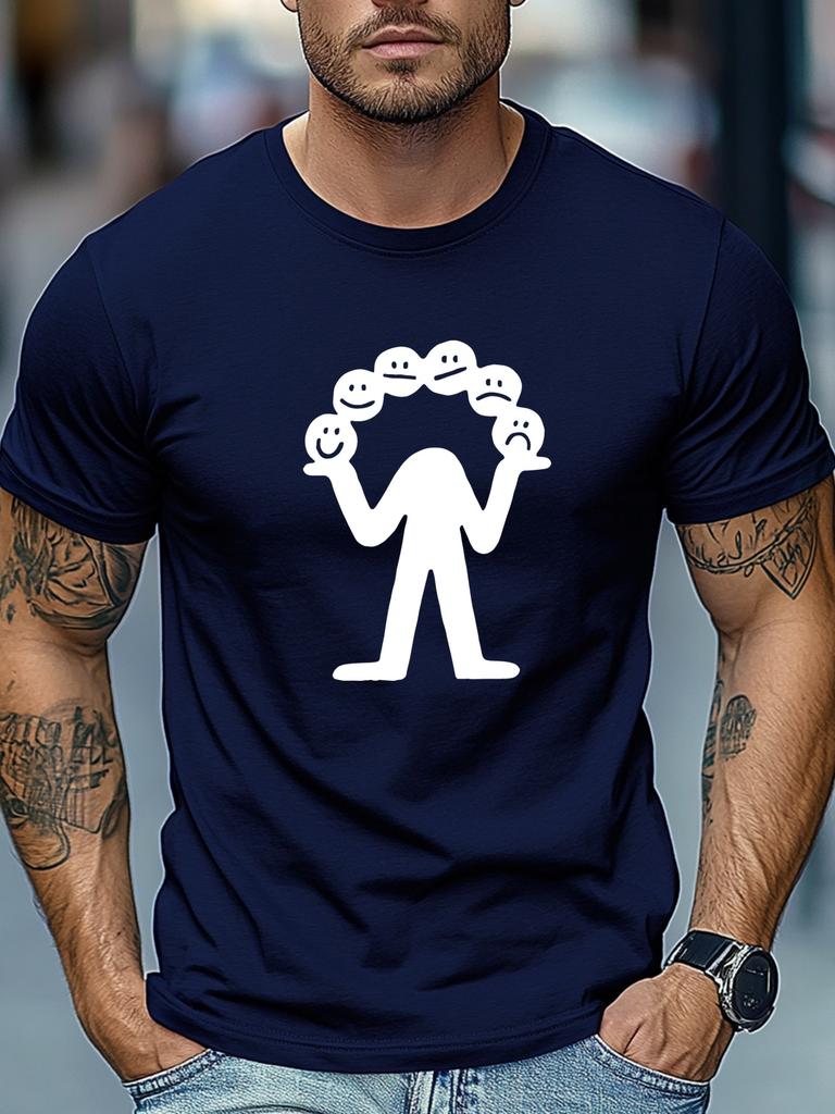 Unisexs Short Sleeve Cotton T Shirt Stickunisex Holding Different Expression Faces Graphic Print Round Neck Loose Daily Outdoor Wear