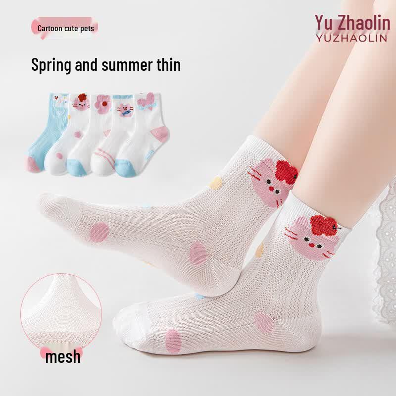 Yuzhaolin Girls Summer Thin Cotton Mesh Mid-Calf Cartoon Socks (5 Pairs) XL (9-12 Years, Foot 20-23cm)