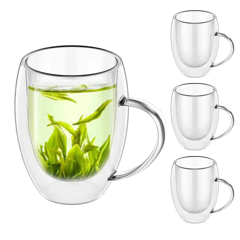 Glass Coffee Mug 12oz Double Wall Glass Coffee Cup with Handle Set of 4 Insulated Mug Milk Tea Latte Espresso Cup Water Cup