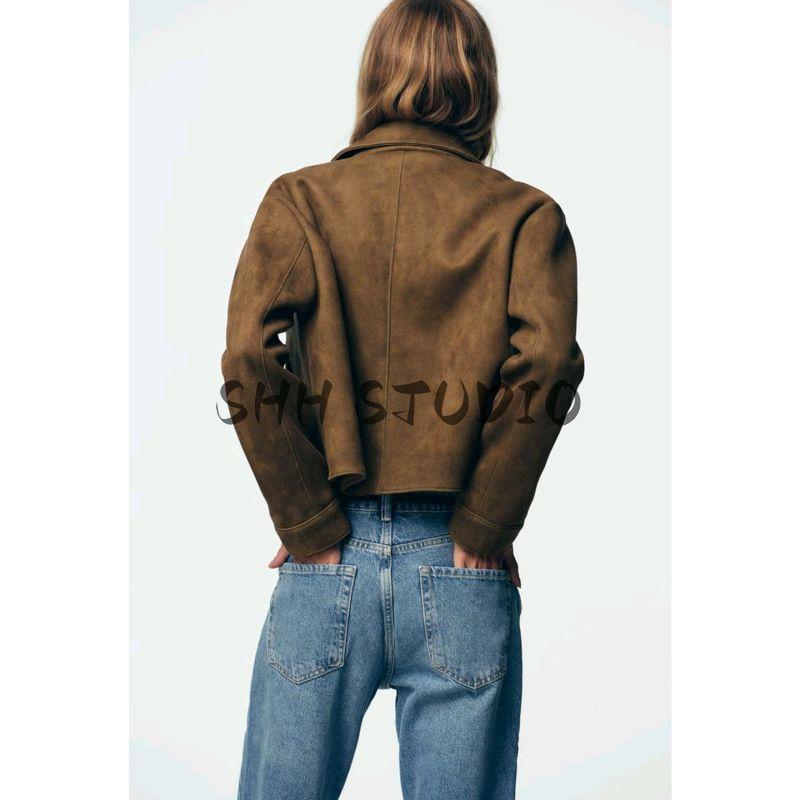 Fall New Women's Clothing French Lapel Long Sleeves Short Suede Texture Effect Jacket Outwear 8372286