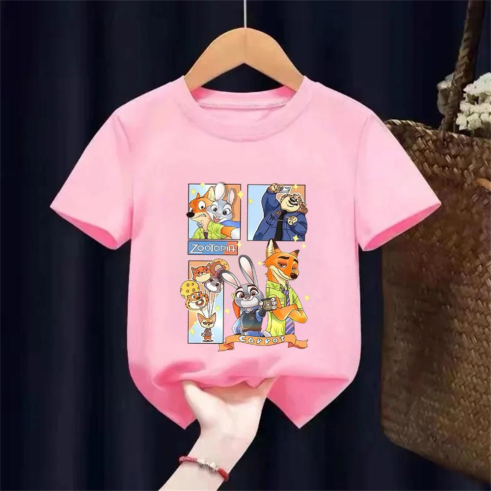 Kids Disney Zootopia Nick And Judy Round Neck T-shirt Casual Fashionable Comfortable Loose Short Sleeve Clothing for Children