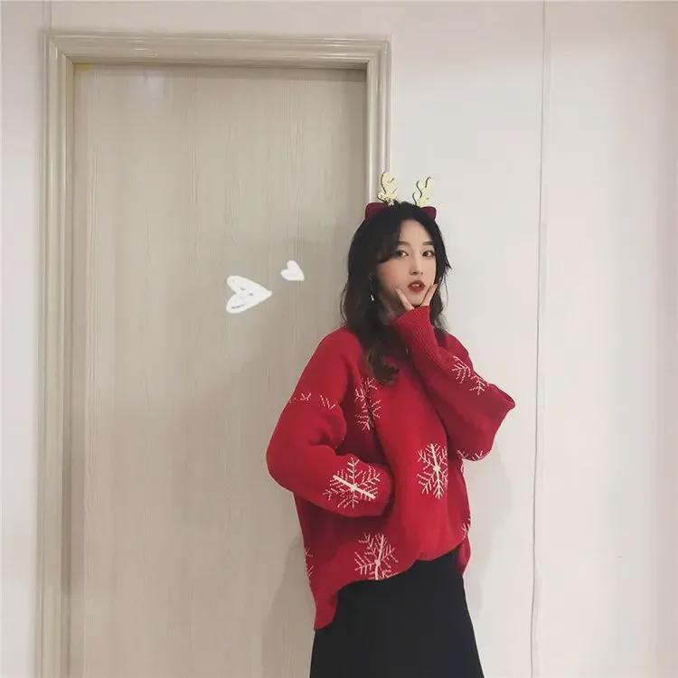 Women's Red Christmas Jacquard Pullover Sweater – Autumn New Style, Round Neck, Long Sleeve, Elegant Knit Design