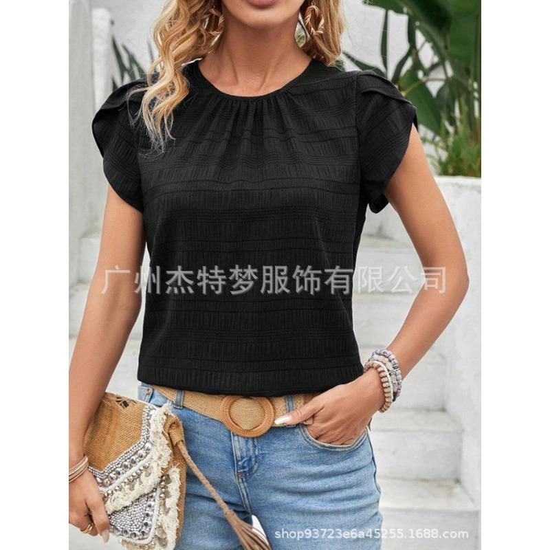 Damen Frühling und Sommer Neue Rundhals Blütenblatt Ärmel Temperament Kurzarm Tops