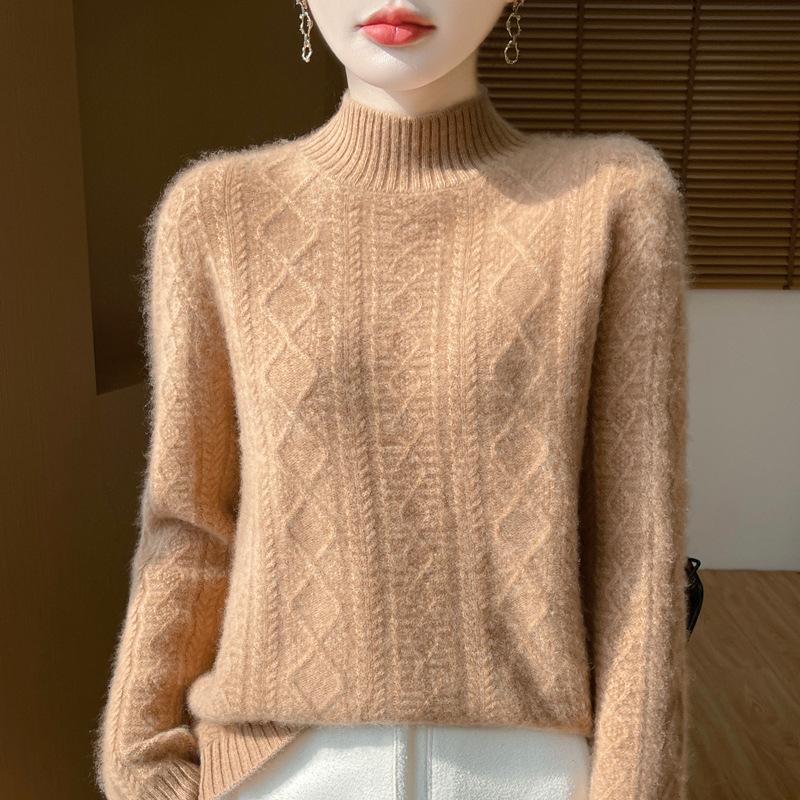 Women's High-Neck Diamond Pattern Knit Pullover Sweater, 2024 Autumn/Winter, Loose Fit, Thickened Short Base Layer