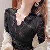 V-neck Lace Undershirt Women's Long Sleeved Low Neck Chiffon Jacket Black Short Mesh Top