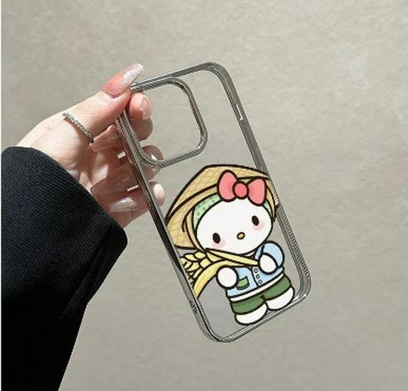 

Electroplated Silver Frame Transparent Case for Apple 14/13 Pro, 15/16/17 Pro Max - Rice Cat Design Apple 12