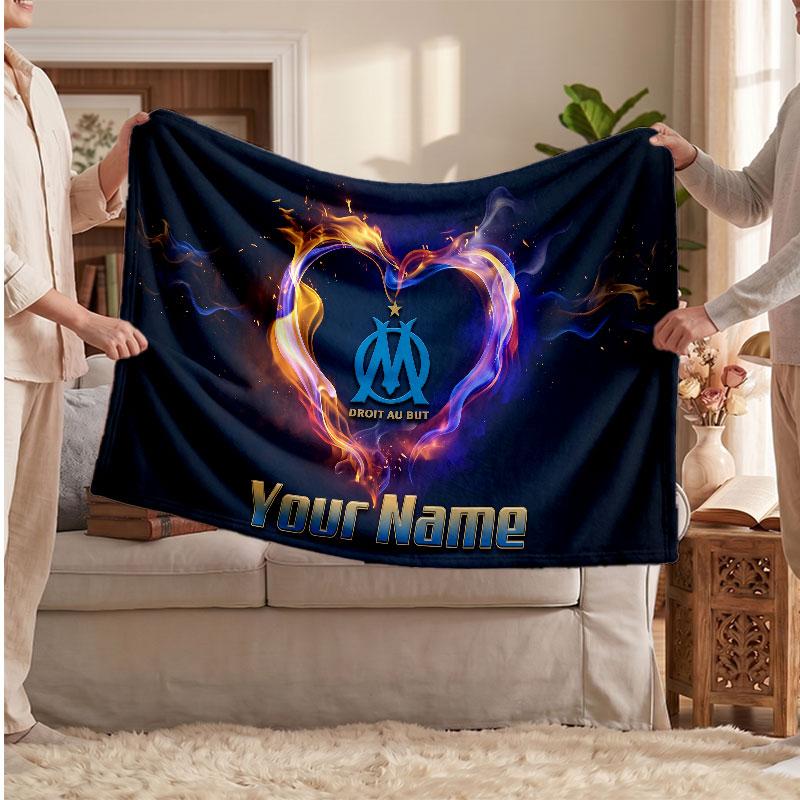 Olympique Marseille FC Personalized Fleece Blanket With Football Logo, Custom Name Text Soft Warm Home Throw Blanket