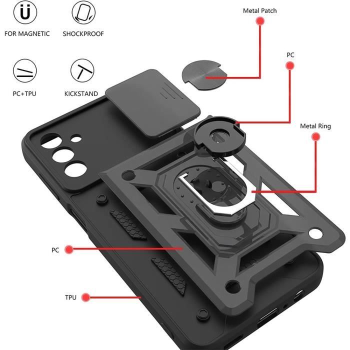 Coque et Verres Trempés - BOOLING - pour Samsung Galaxy A13 5G - Noir - Protection Caméra - Support Rotatif