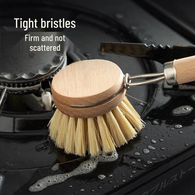 Replaceable Hanging Pot Brush with Long Solid Wood Handle - Horsehair & Sisal Bristles for Cleaning.