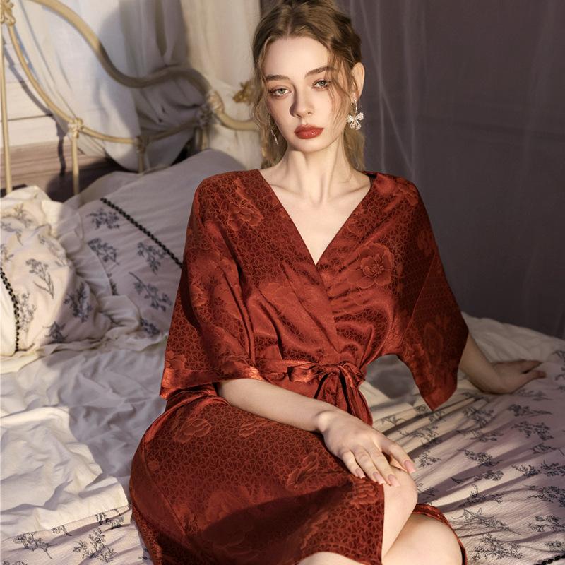nightgown women's summer ice silk thin satin jacquard long retro sexy high-end spring and autumn bathrobe robe