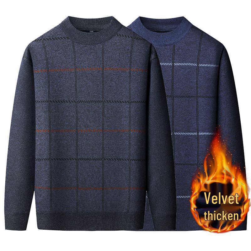 Warmer Herren-Pullover mit Karomuster und Plus-Samt für mittleres und älteres Alter (50er-60er Jahre) - Herbst/Winter Rundhals Basisschicht