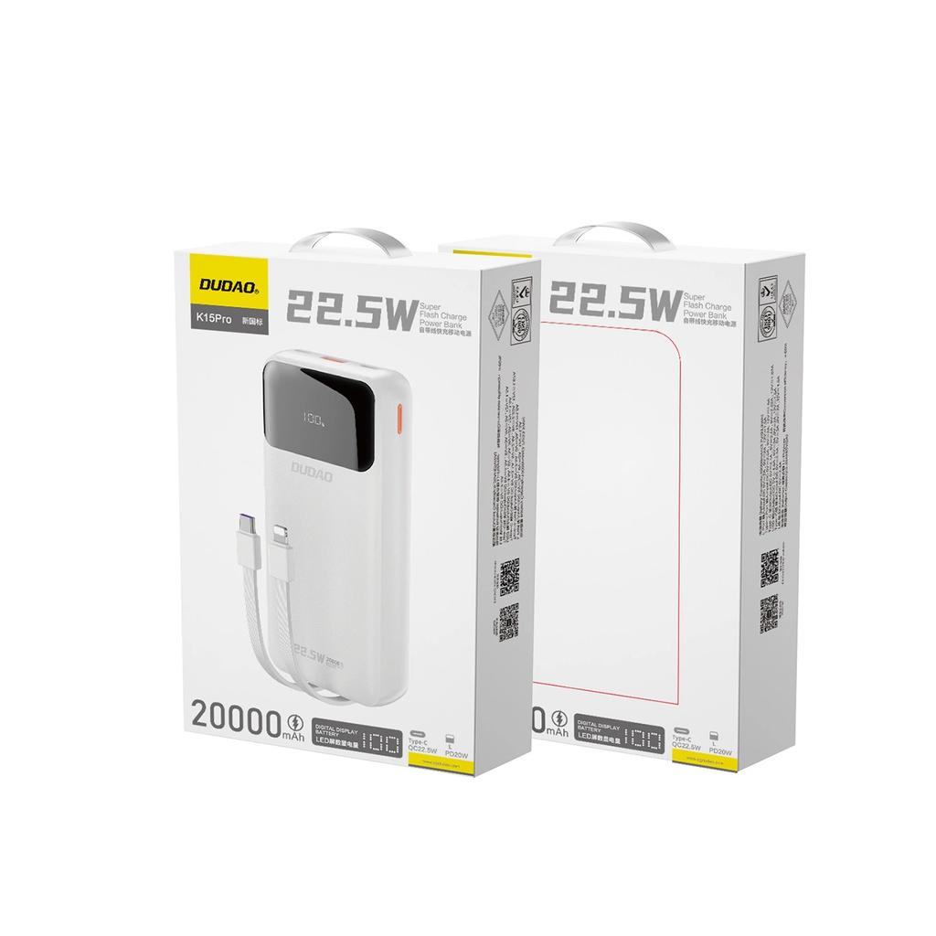 Powerbank Dudao K15Pro 20000Mah 22.5W Pd Usb-C / Usb-A / Wbudowane Kable Lightning I Usb-C - Biały