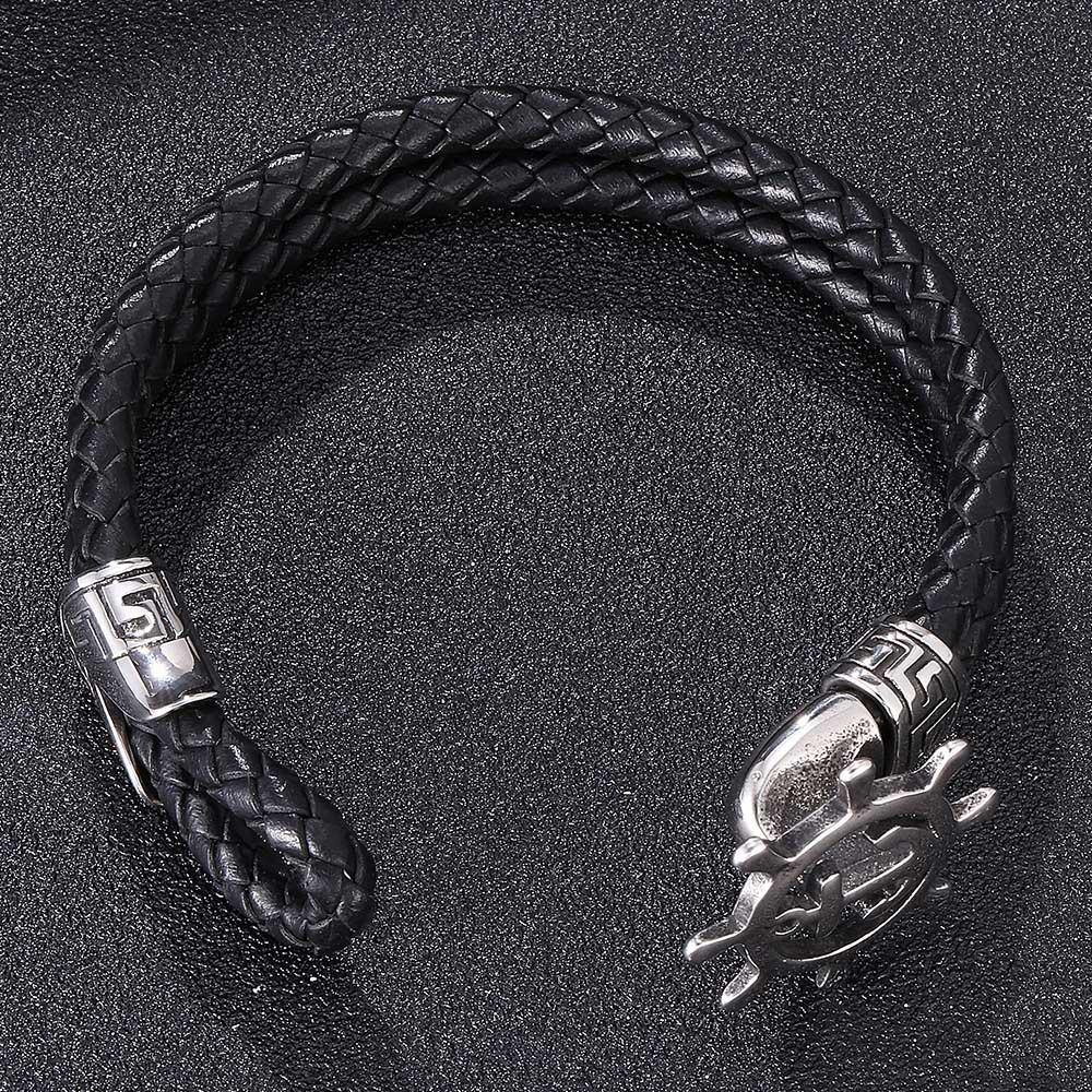 Black Retro Woven Leather Bracelet with Stainless Steel Anchor