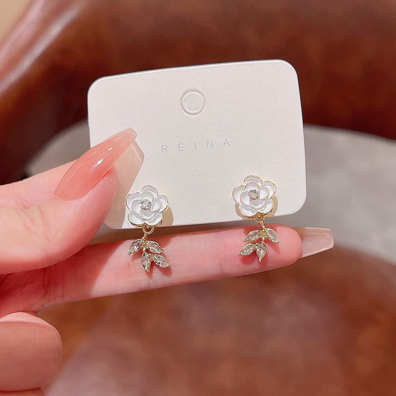 Sterling Silver Bow Gardenia Stud Earrings - Light Luxury Korean Style