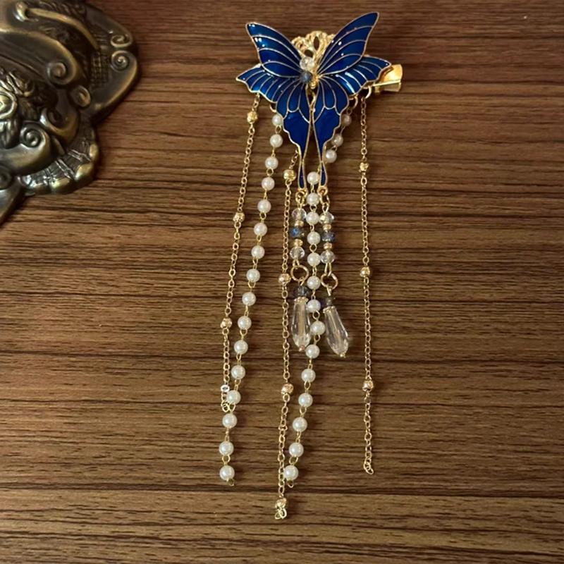 Chinese Style Enamel Butterfly Tassel Hairpin Women'S Hanfu Ancient Style Side Clip Hair Accessory