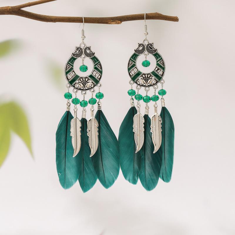

Fashion Bohemian Long Tassel Hanging Feather Earrings Women Ethnic Vintage Geometric Crystal Beads Drop Dangle Earrings Zircon зелений