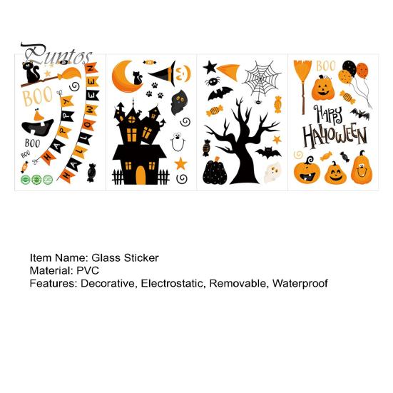 Holiday Glass Decoration Stickers 4 Sheets Halloween Electrostatic Stickers, Cartoon Pumpkins Castle Bats Window Easy Remove Clings PVC Waterproof