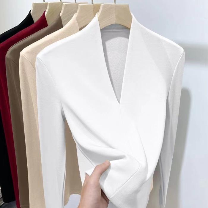 

Женская футболка с V-образным вырезом, длинным рукавом, из нового бархата, утолщенная, облегающая, в зарубежном стиле, модная, теплая, для ношения под низ, топ 4XL белый