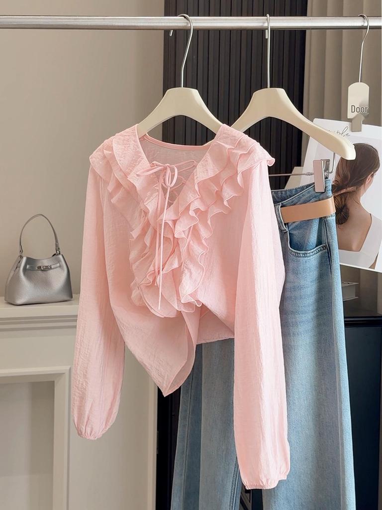 Spring Retro V-Neck Ruffle Lace-Up Women's Stylish Long-Sleeve Top - Versatile & Tummy-Concealing