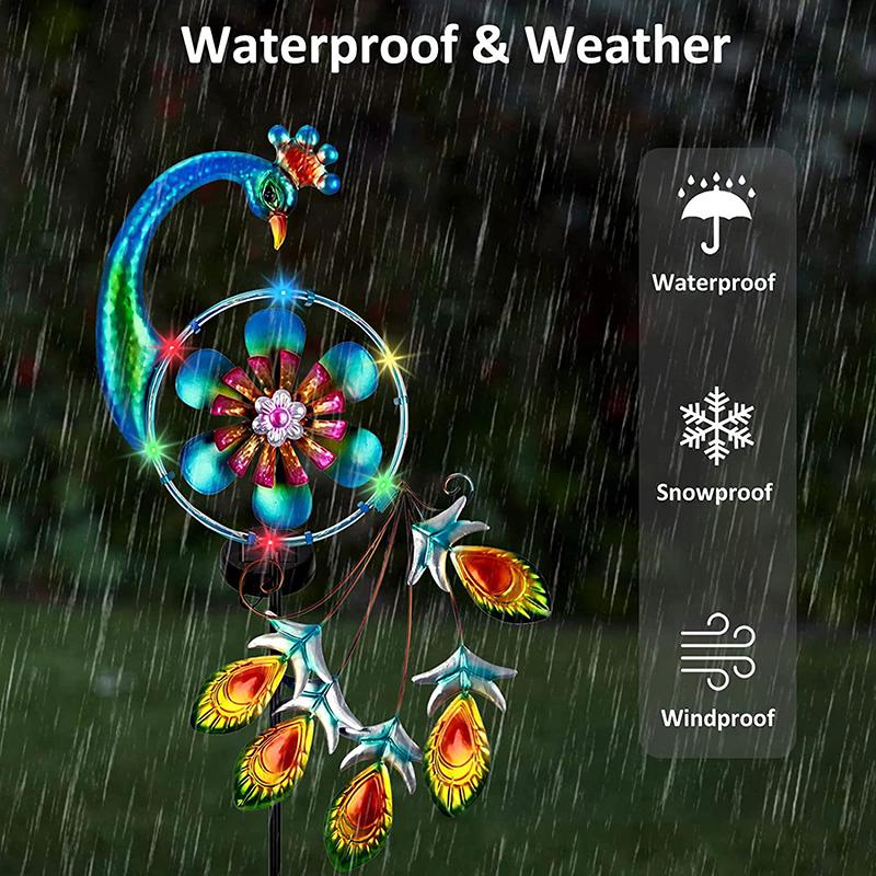 Solární zahradní spinner s pávím motivem - Kovový kinetický větrný spinner pro venkovní dekoraci, Ideální na terasu, trávník a zahradu