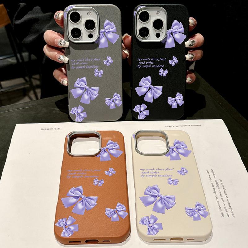 Purple Bowknot Print TPU Leather Texture Slim Magnetic Case For iPhone 16 Pro Max 15 14 Pro 13 12 11 for MagSafe Matte Shockproof Soft Phone Cover
