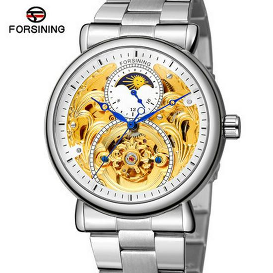 FORSINING Men's Tourbillon Moon Phase Automatic Mechanical Watch with Engraved Hollow Steel Band