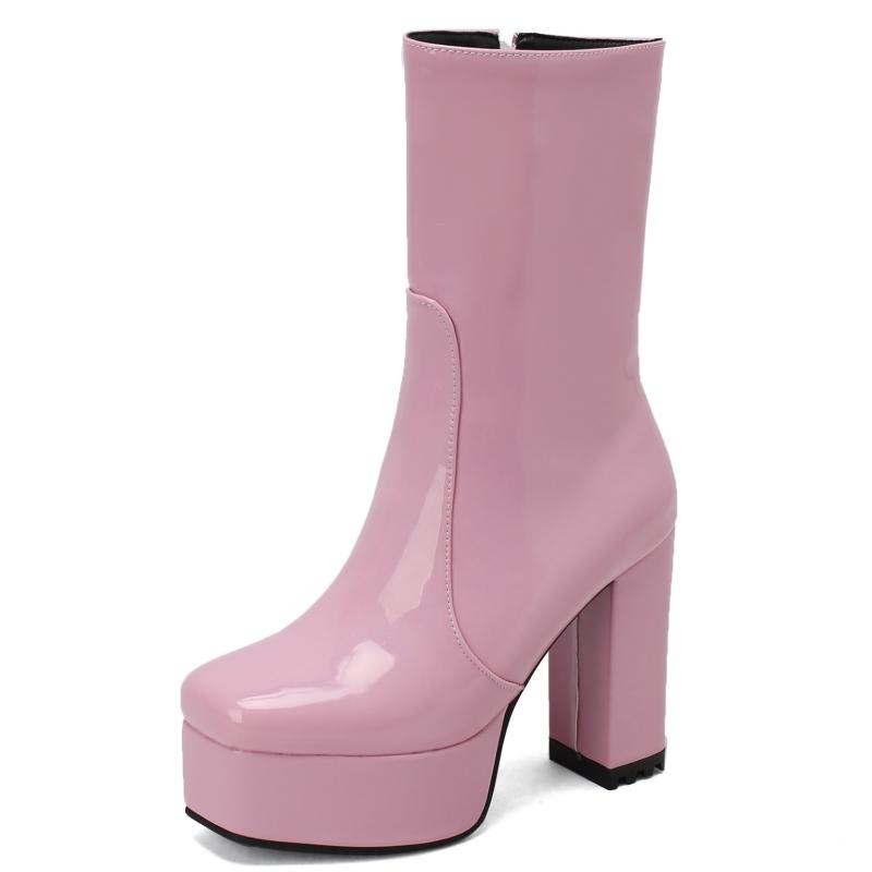 Plateau-Stiefeletten für Damen Schwarz Weiß Blau Rosa Hoher Absatz Kurzer Regenstiefel Herbst Winter Party Tanzschuhe Weiblich Sexy