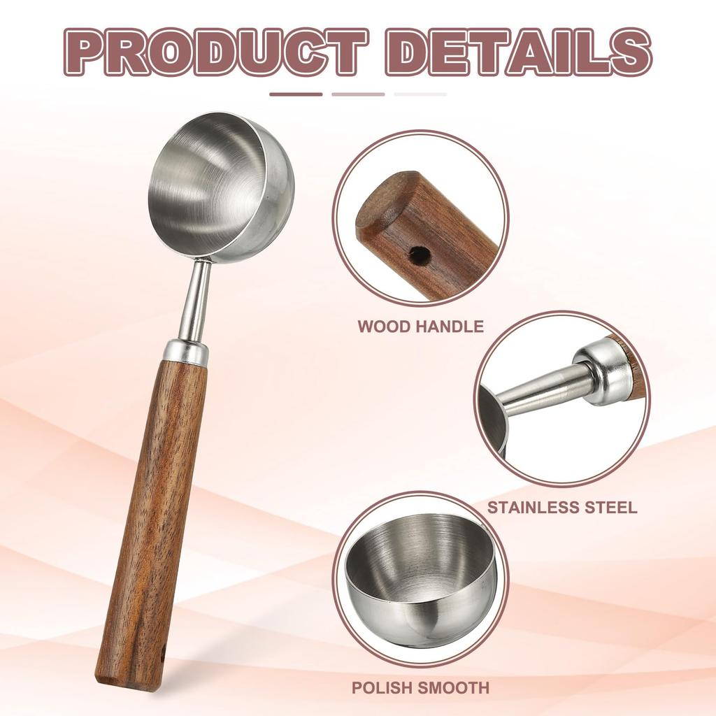 Uxcell 2-Piece Coffee Measuring Spoon, 4" X 0.8", 30ml Stainless Steel Coffee Scoop with Wooden Handle for Ground Coffee or Tea, Silver