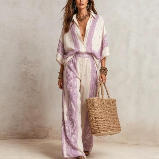 Damen Boho Baumwolle Leinen 2-teilige Sets, 3/4 Ärmel Bedruckte Hemden und Weite Hosen Passende Sets, Lockere Urlaubs-Lounge-Outfits
