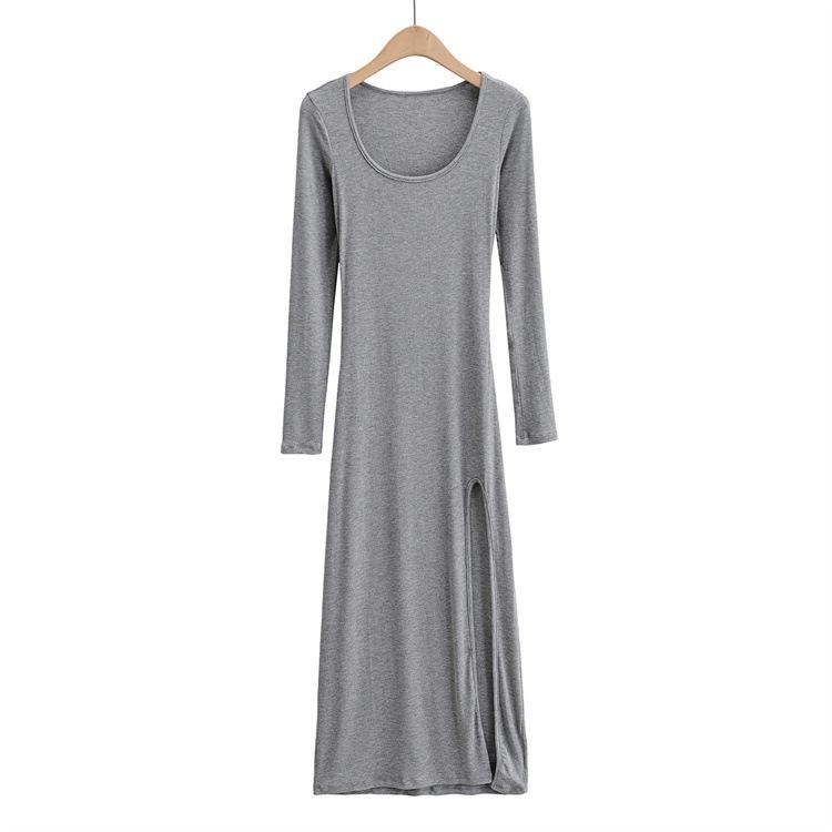 YPFF New Autumn Women's Slim Fit High Slit Long Sleeve Dress - Elegant, Sexy Solid Color Skirt