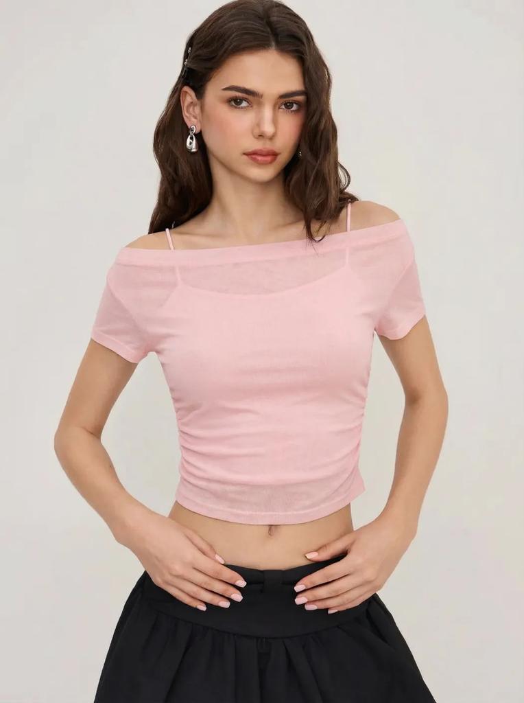 Pure desire wind one-word shoulder mesh short-sleeved top women's summer inner with suspenders, thin versatile short top Spice girl suit