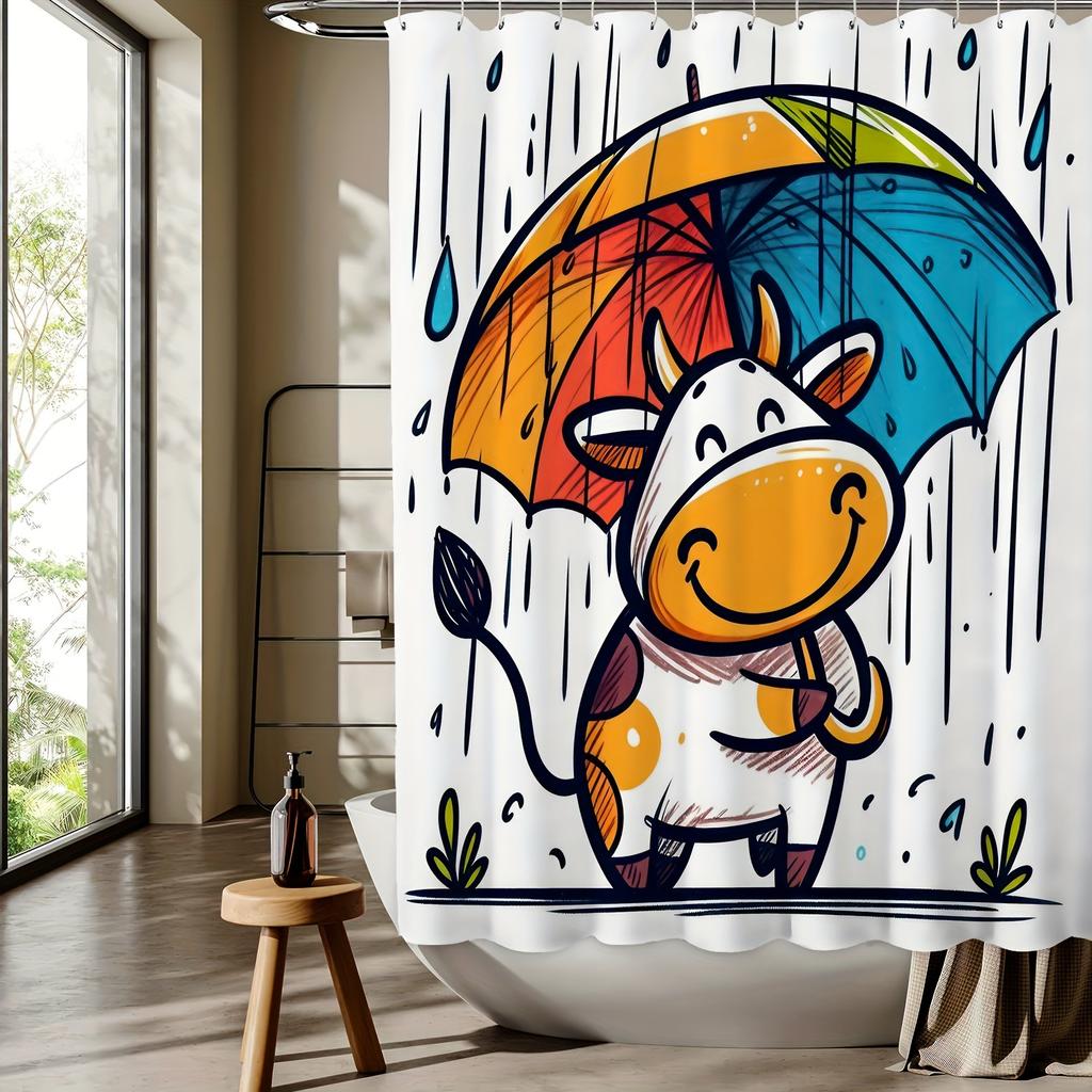 Tenda da Doccia con Stampa Digitale a Motivo Mucca con Ombrello, Decorazione per Bagno Casa, Tessuto in Poliestere Intrecciato Reversibile per Quattro Stagioni