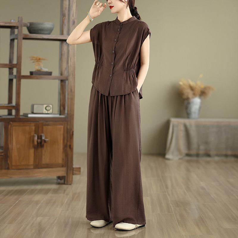 Chic Women's Summer Two-Piece Set: Short Sleeve Top & Wide Leg Pants - Fashionable Seasonal Outfit