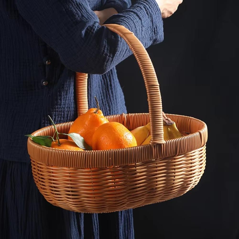 Handmade Bamboo Flower Basket Long Handle Fruit Storage Bin Kitchen Accessories