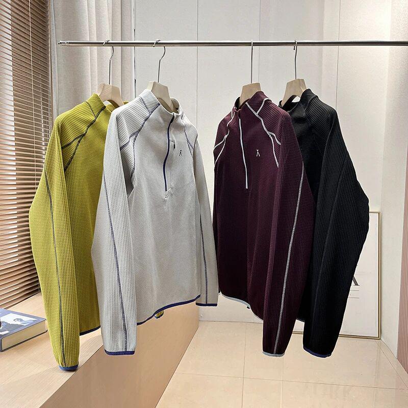 Mountain-Style Unisex Autumn Waffle Knit Half-Zip T-Shirt: Color-Block, Snap Button, Loose Fit, Breathable Long Sleeves