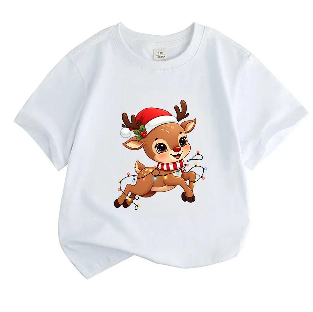 Kids Boys Girls 100% Cotton Crew Neck Short Sleeve T-Shirt, Cute Christmas Reindeer with Santa Hat Fairy Lights Pattern Casual Holiday Tee Tops for Ch