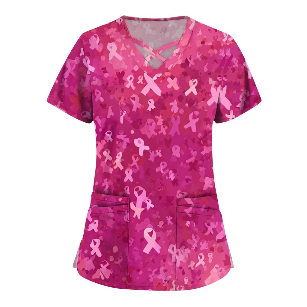 Dámská móda V-výstřih Krátký rukáv Kombinézy Kapsa s dvojitou vrstvou Tištěná trička Oblečení