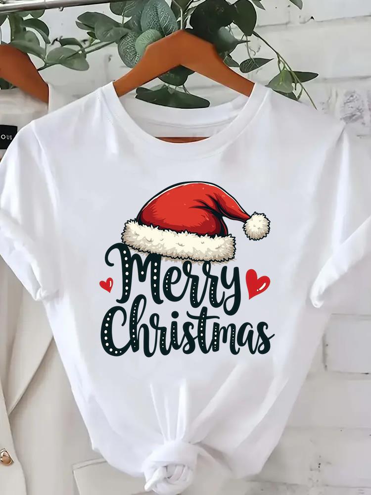 (Asian Size) Short Sleeve T-shirts  Print merry Christmas o-neck festival lovely Women's Top new year T Clothing Fashion holiday Graphic Tee