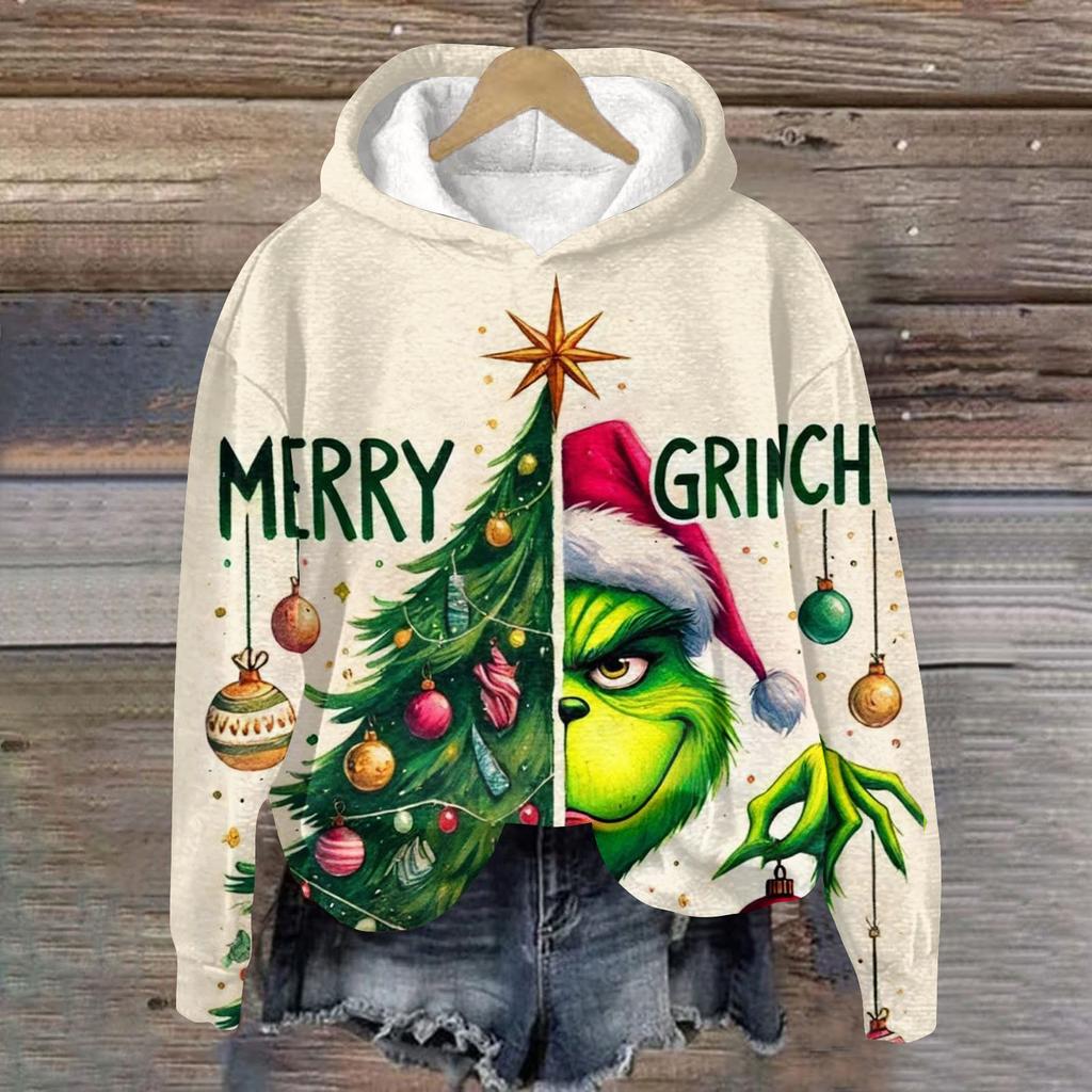 Ladies' Christmas Greentown Print Casual Long Sleeved Hooded Sweatshirt Top