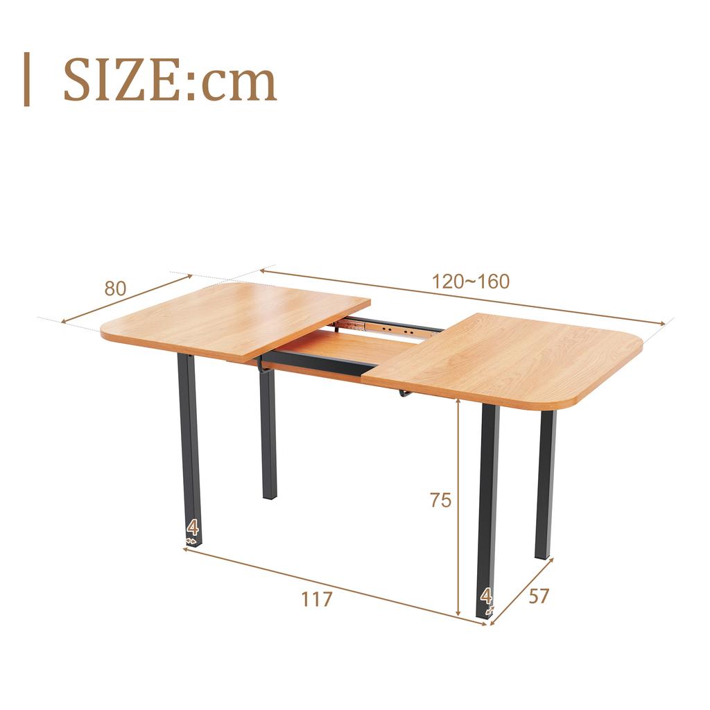 Klasický rozkládací jídelní stůl v dřevěné barvě 120 cm, teleskopická délka až 160 cm, podpěra z vysokopevnostní slitiny, vhodný pro 4-6 osob