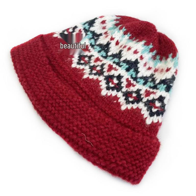 Женская ретро вязаная панамка в стиле Fair Isle - Теплая, модная осенне-зимняя шерстяная шляпа в стиле рыбака красный