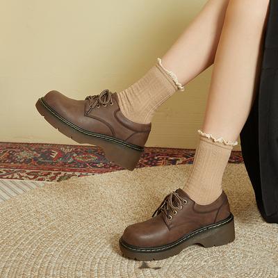 Fashion Japanese Genuine Leather Ugly Cute Big Head Shoes British Style Lace Up Wedge Heels Thick Sole Small Leather Shoes for Women