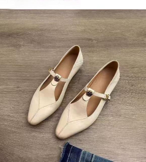 

Винтажные туфли Мэри Джейн с камелией женские весенне-осенние коричневые Т-образные на толстом каблуке одинарные туфли на среднем каблуке маленькие кожаные туфли 40